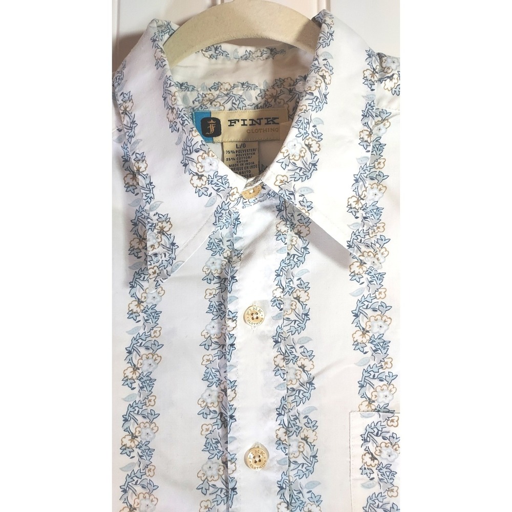 Fink Clothing Button Down Shirt Mens L Vintage Blue Floral Stripe Long Sleeve